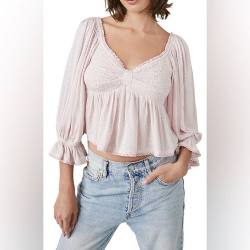 FREE PEOPLE Light Pink Peasant Smocked Crop Top